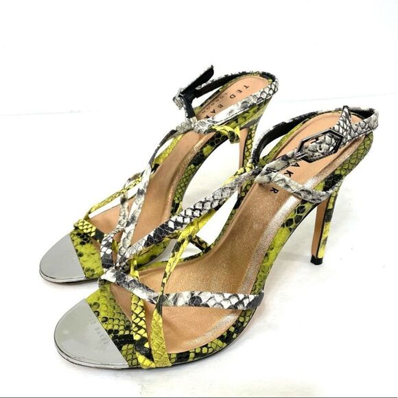 Ted Baker Theanaa Snakeskin Embossed Leather Heeled Sandals Neon Yellow size 37 - Picture 1 of 15